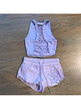 ALO Yoga Lavender Lace-Back Sports Bra and Shorts Set